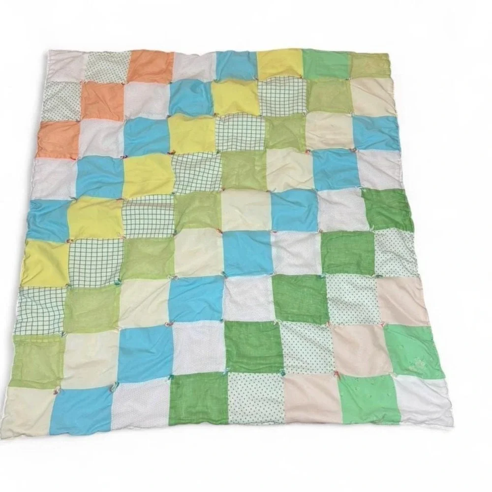 Vintage Multicoloured hand tied‎ patchwork quilt with a retro vibe